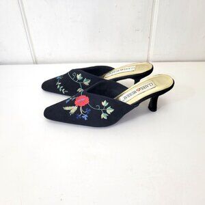 Claire Murray  Provence Floral Embroidered Floral Black Mules Heels Women's Shoe